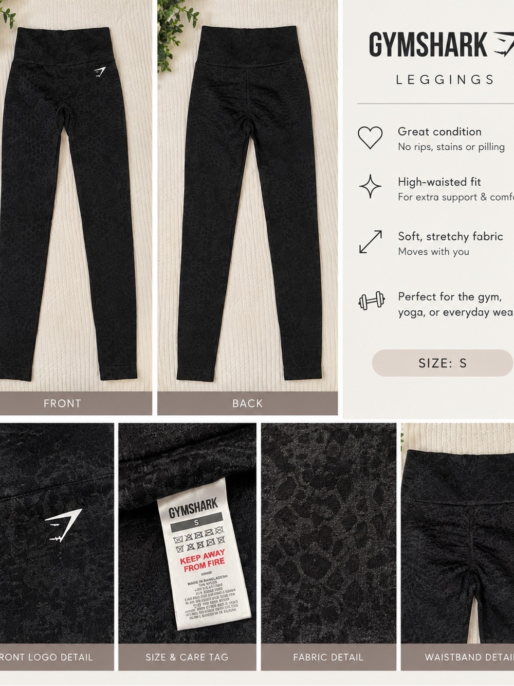 Gymshark Girls' Black High-Waisted Leopard-Texture Leggings